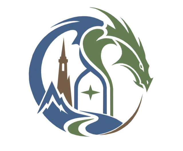 Emblema di Universo Fantasy: un drago avvolto attorno a un varco, una montagna e un fiume